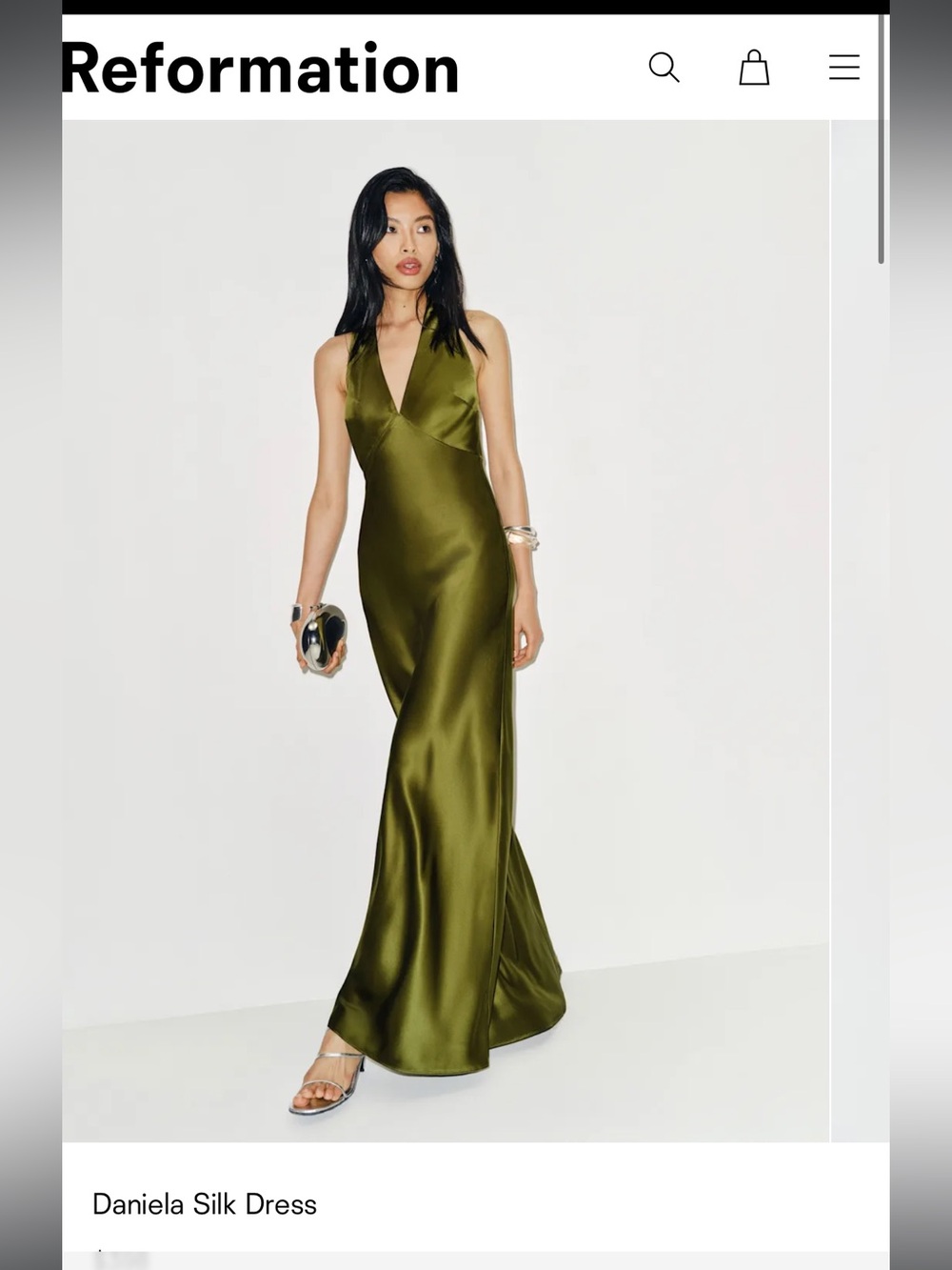Reformation Daniela Silk Dress Olive Green